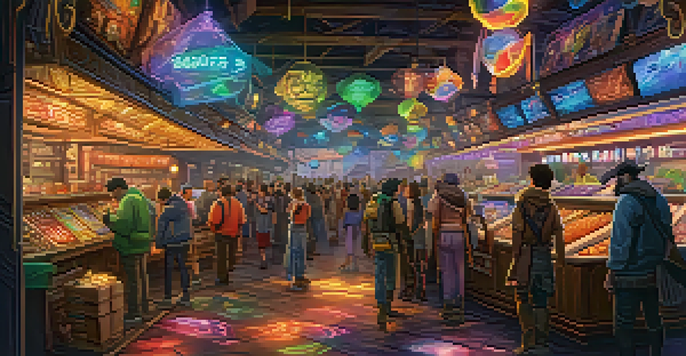 A vibrant gaming marketplace where players trade unique in-game items represented as ERC-1155 tokens, surrounded by colorful game landscapes.