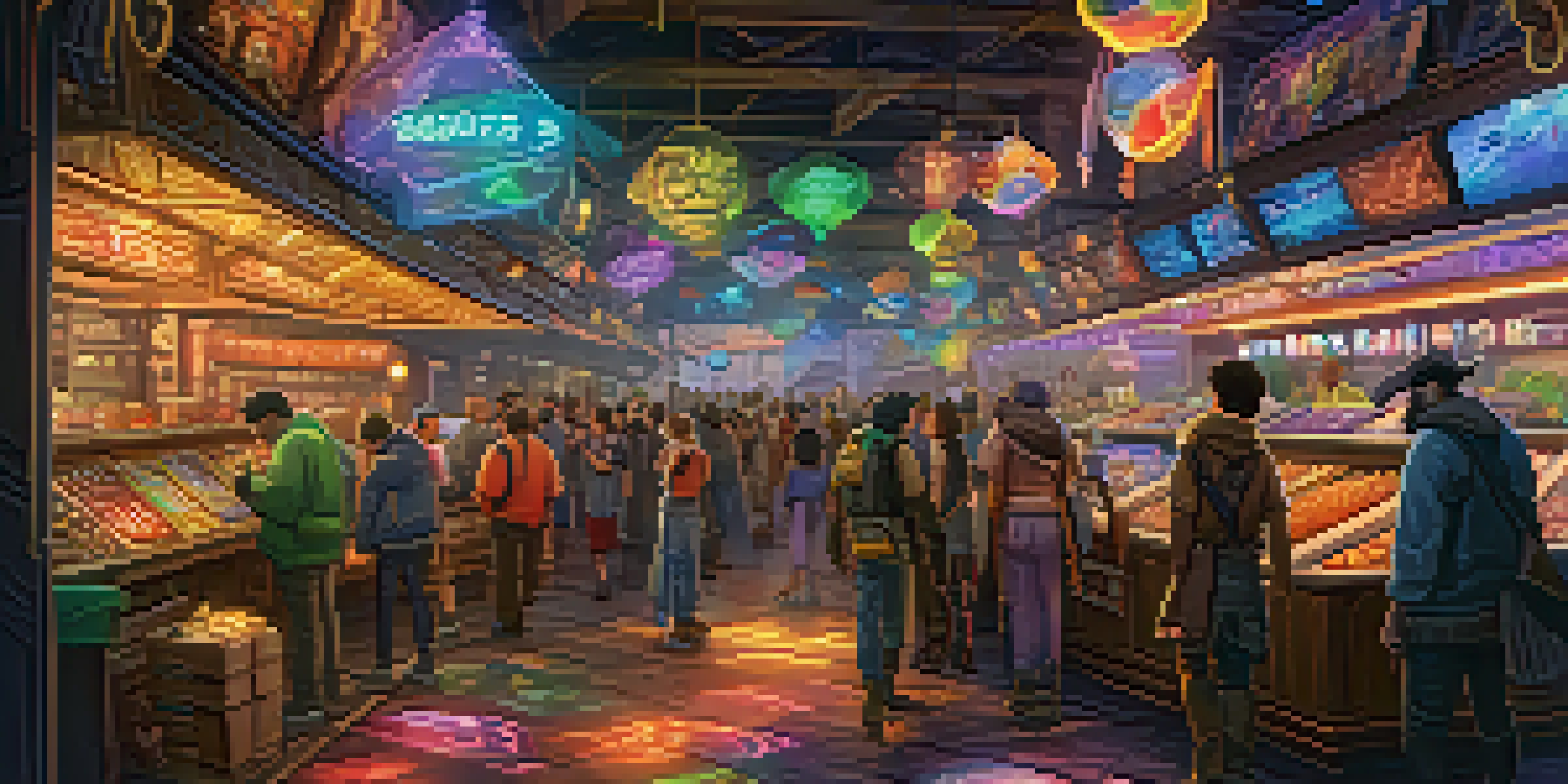 A vibrant gaming marketplace where players trade unique in-game items represented as ERC-1155 tokens, surrounded by colorful game landscapes.