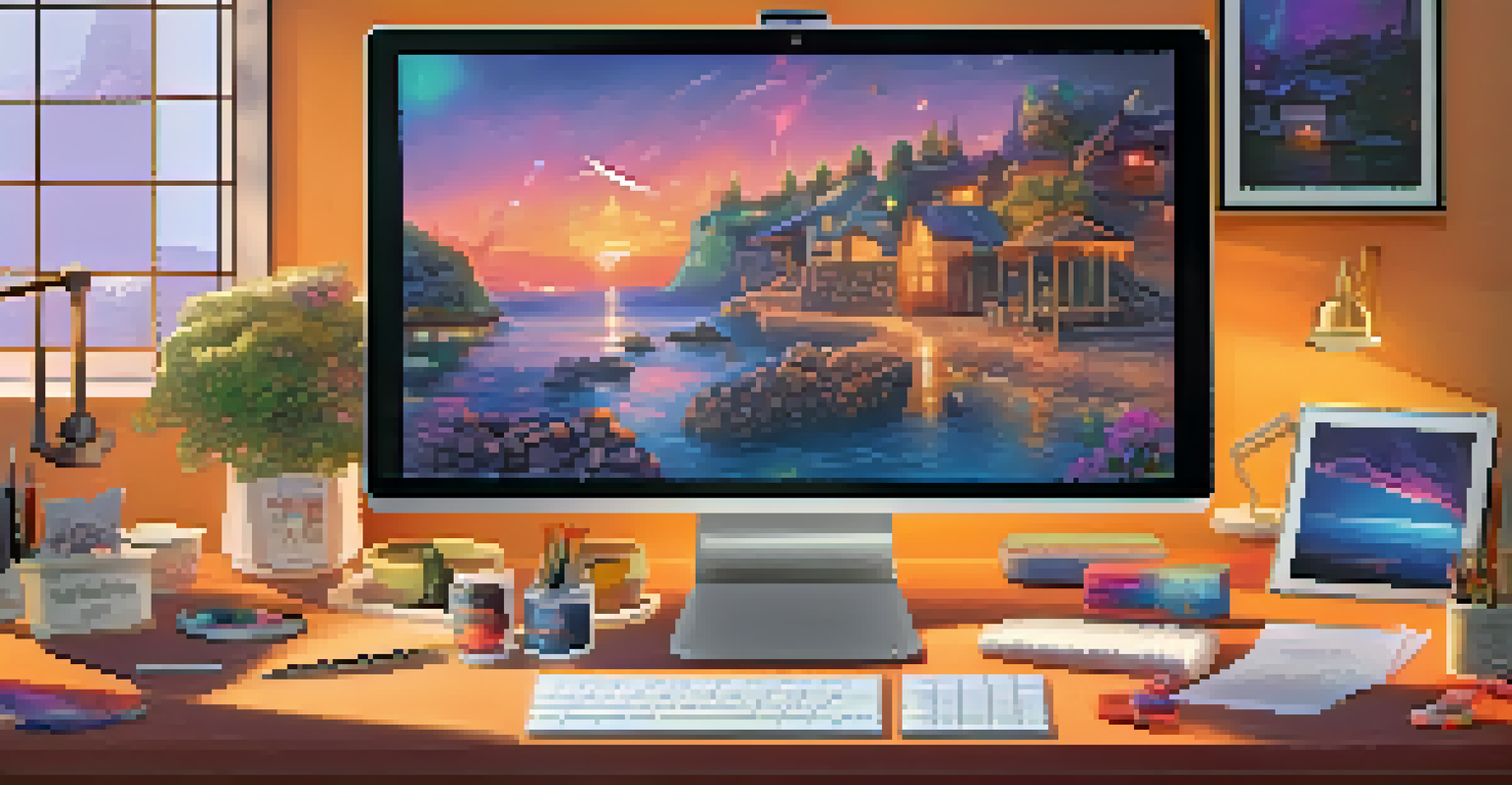 A close-up view of a digital artist's workspace with colorful NFT artwork displayed on a monitor.