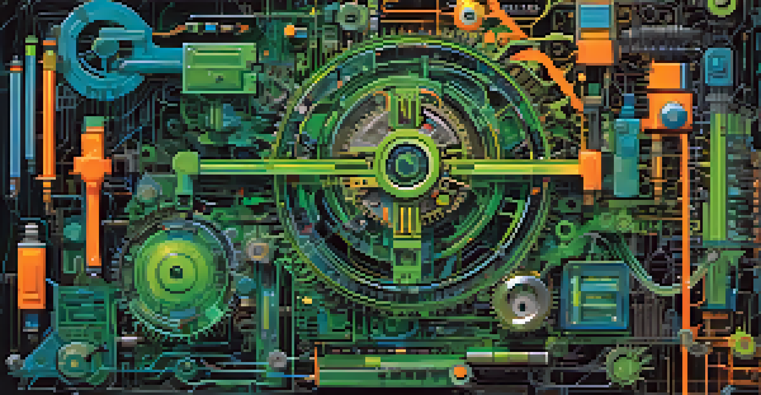 An abstract image of colorful gears and circuits surrounding a computer screen, representing automated auditing tools in a futuristic setting.