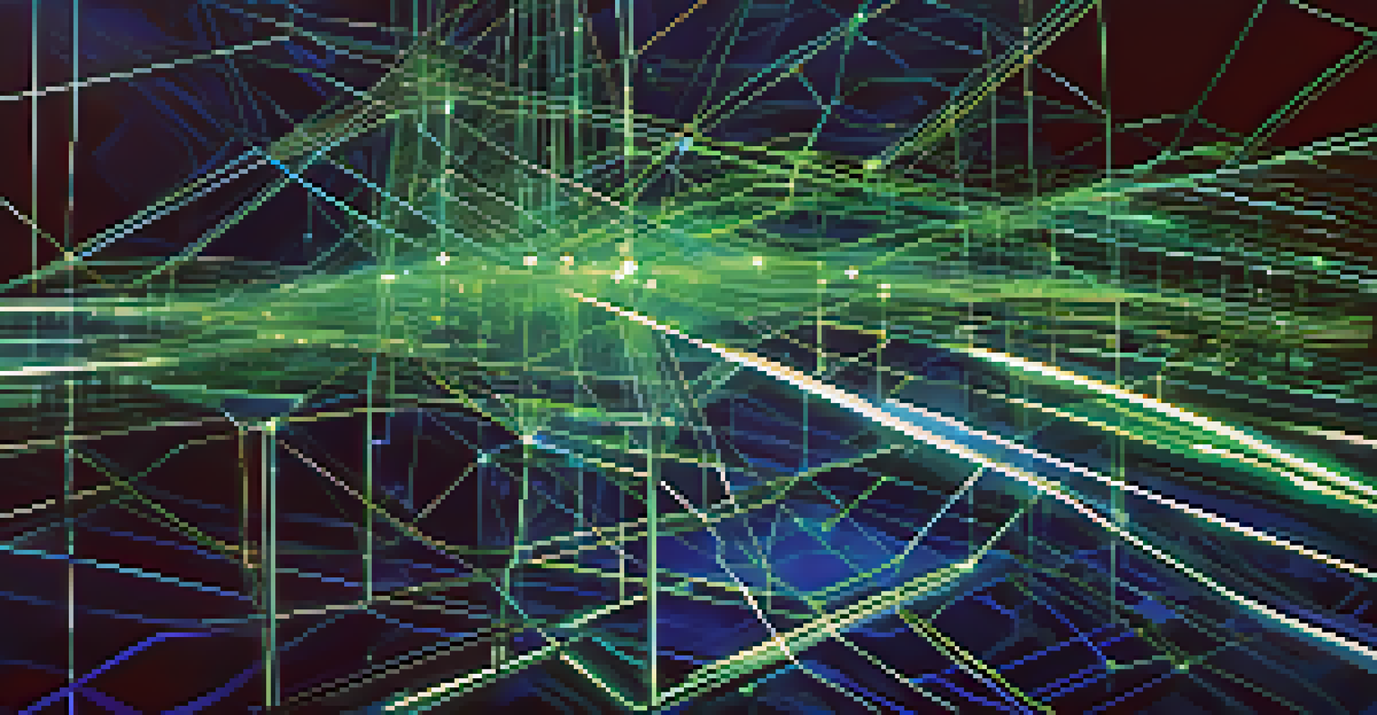 An abstract illustration of decentralized finance showing interconnected digital nodes and glowing lines in blue and green hues.