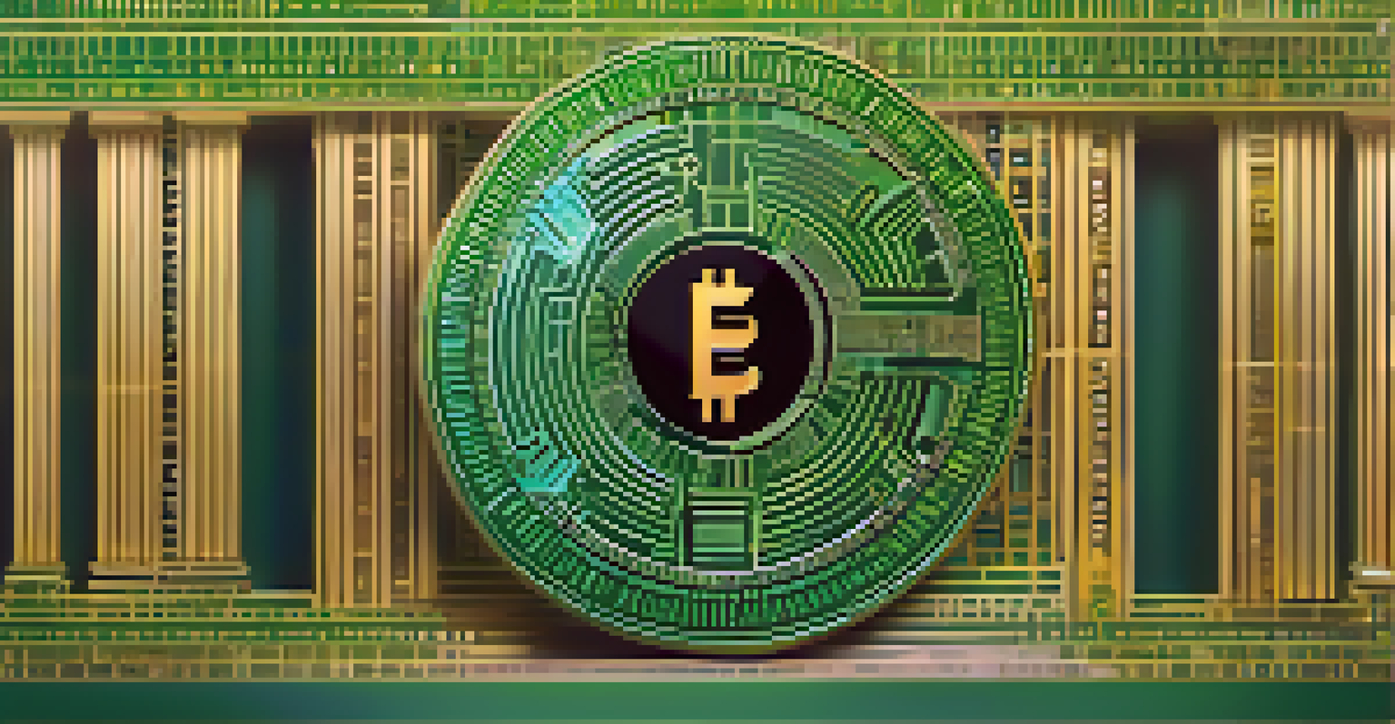 An abstract balance scale with Ethereum coins on one side and SEC regulations on the other, set against a gradient background.