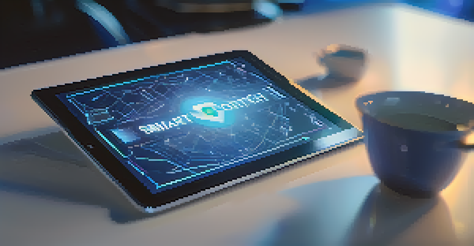 A digital tablet showing a smart contract interface with futuristic data visualizations in the background.