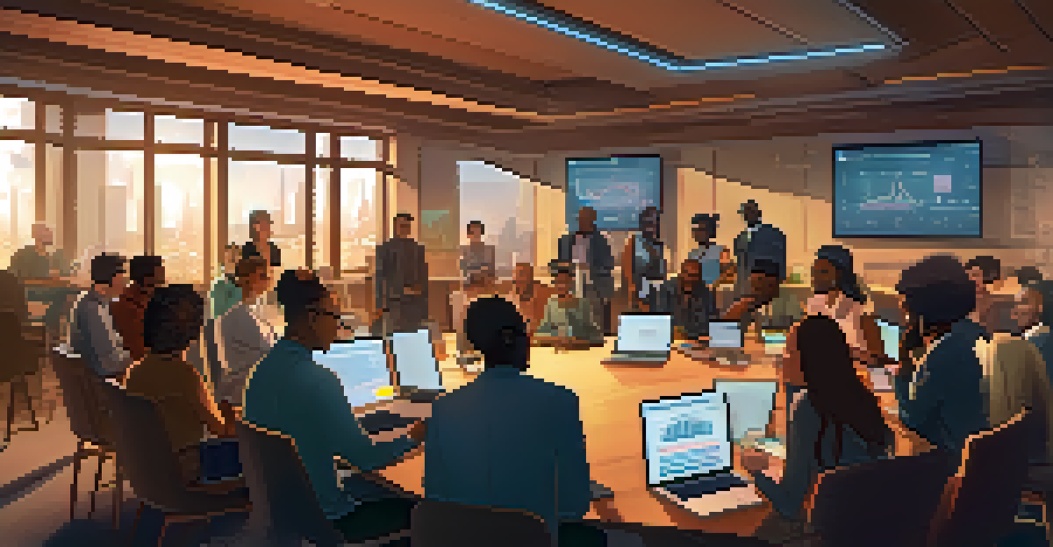 Diverse individuals brainstorming around a table with laptops and notes, focusing on a decentralized finance project, showcasing community engagement.