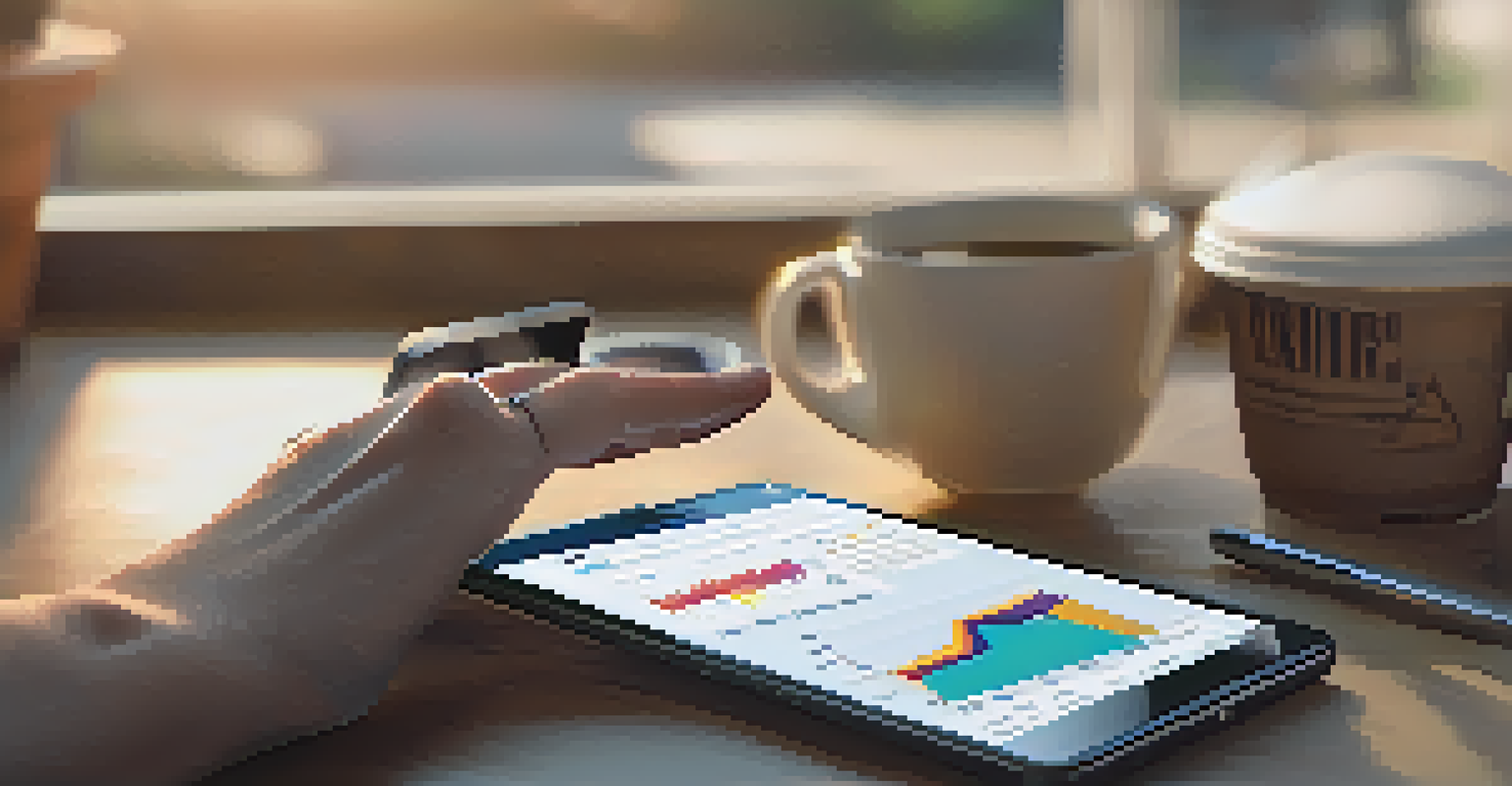 A person's hands using a smartphone with a DeFi app, set in a bright workspace with a laptop and coffee cup.