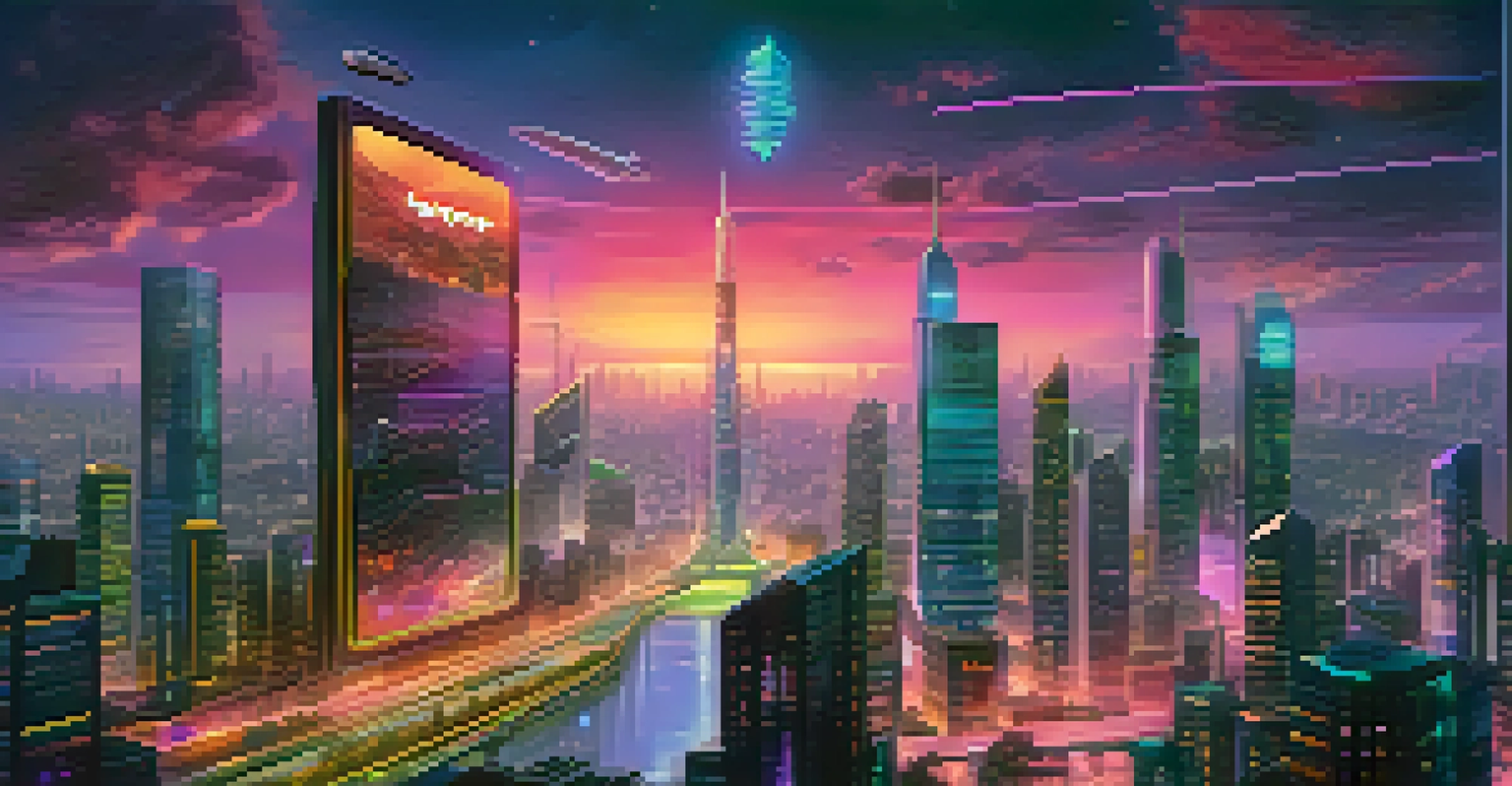 A futuristic city skyline at dusk, featuring neon lights and a digital billboard promoting a new decentralized application, with people gathered below.