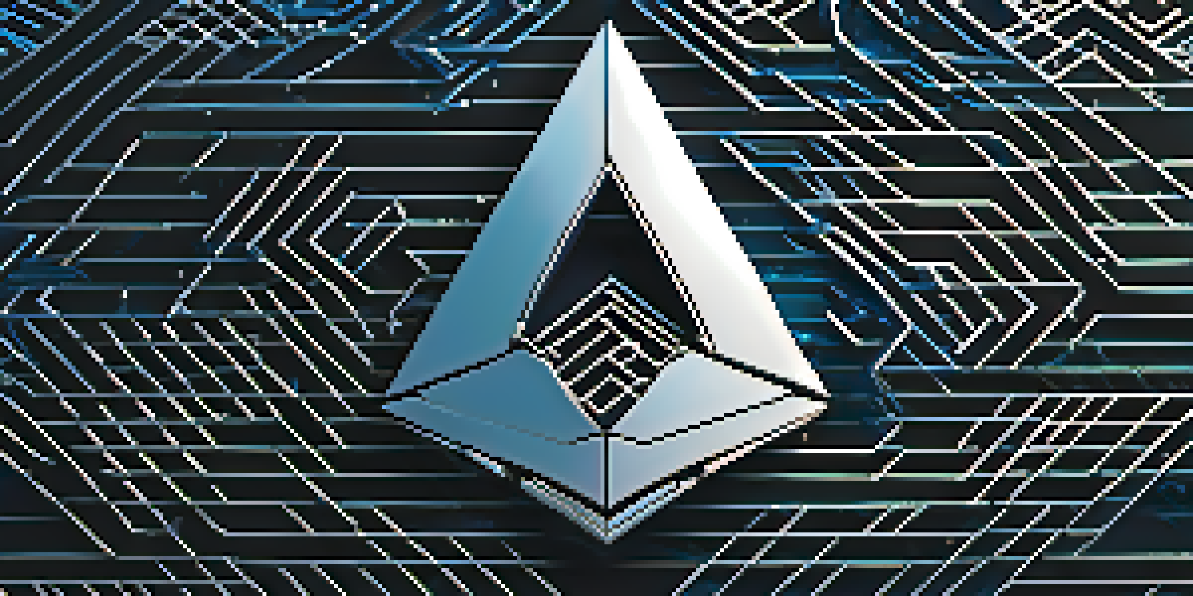 A close-up of the Ethereum logo with geometric patterns, illuminated by soft blue and silver lights.