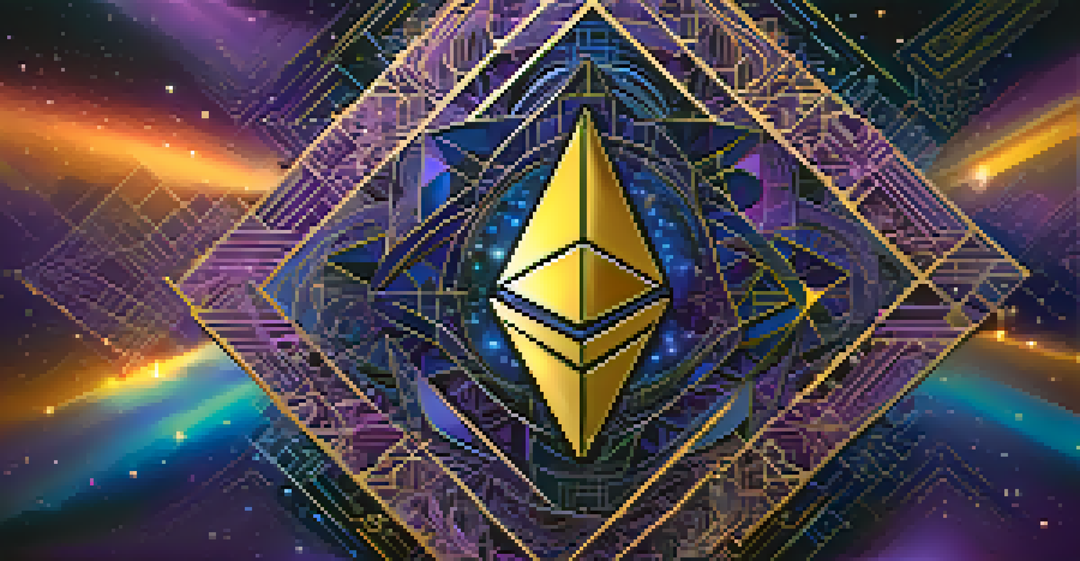An abstract illustration of the Ethereum logo with geometric patterns in vibrant colors against a deep blue space background.