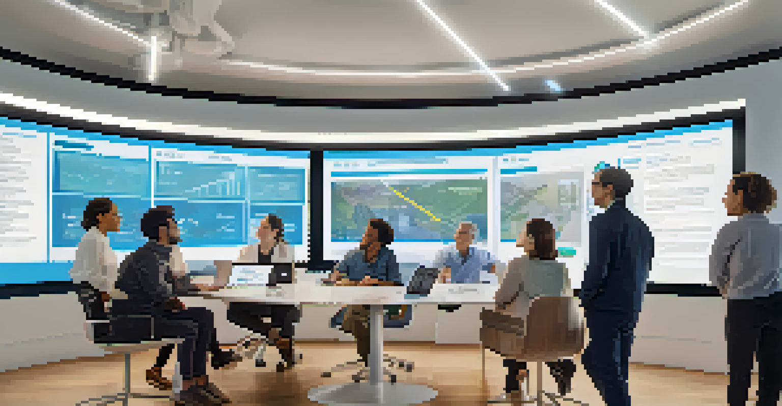 A diverse team of professionals discussing a digital dashboard about decentralized governance in a bright modern office.