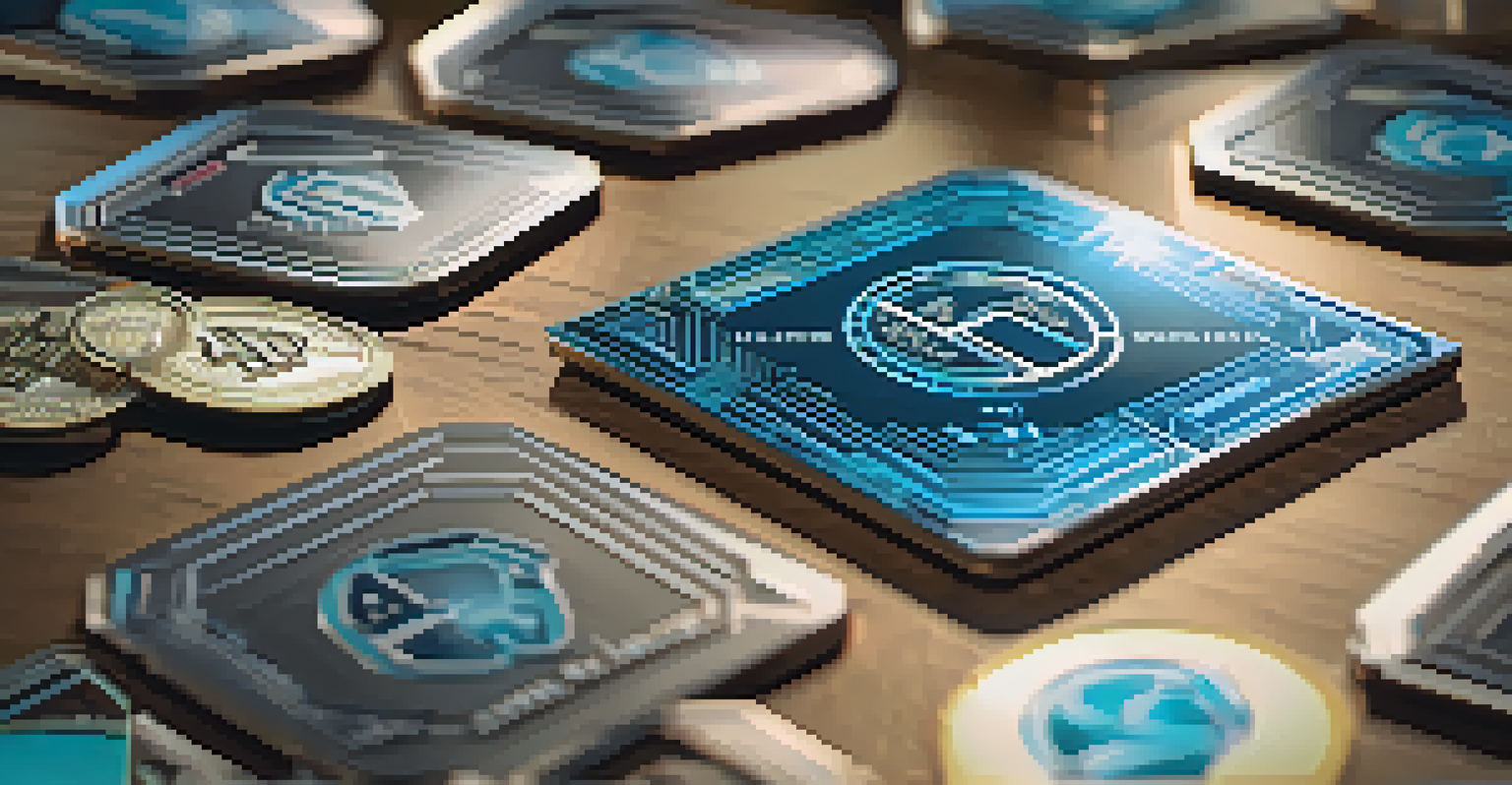 A shiny uniform coin representing an ERC-20 token next to a unique collectible card symbolizing an ERC-721 token on a digital table.