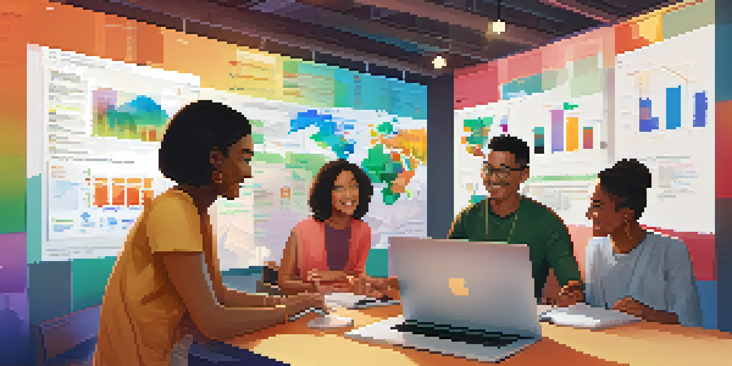 A diverse group of people engaging around a laptop, discussing decentralized funding with colorful charts in the background.