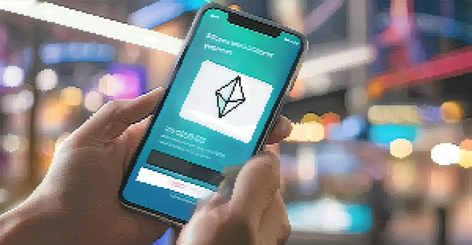 A hand holding a smartphone with an Ethereum wallet interface, showcasing instant payments against a blurred background.