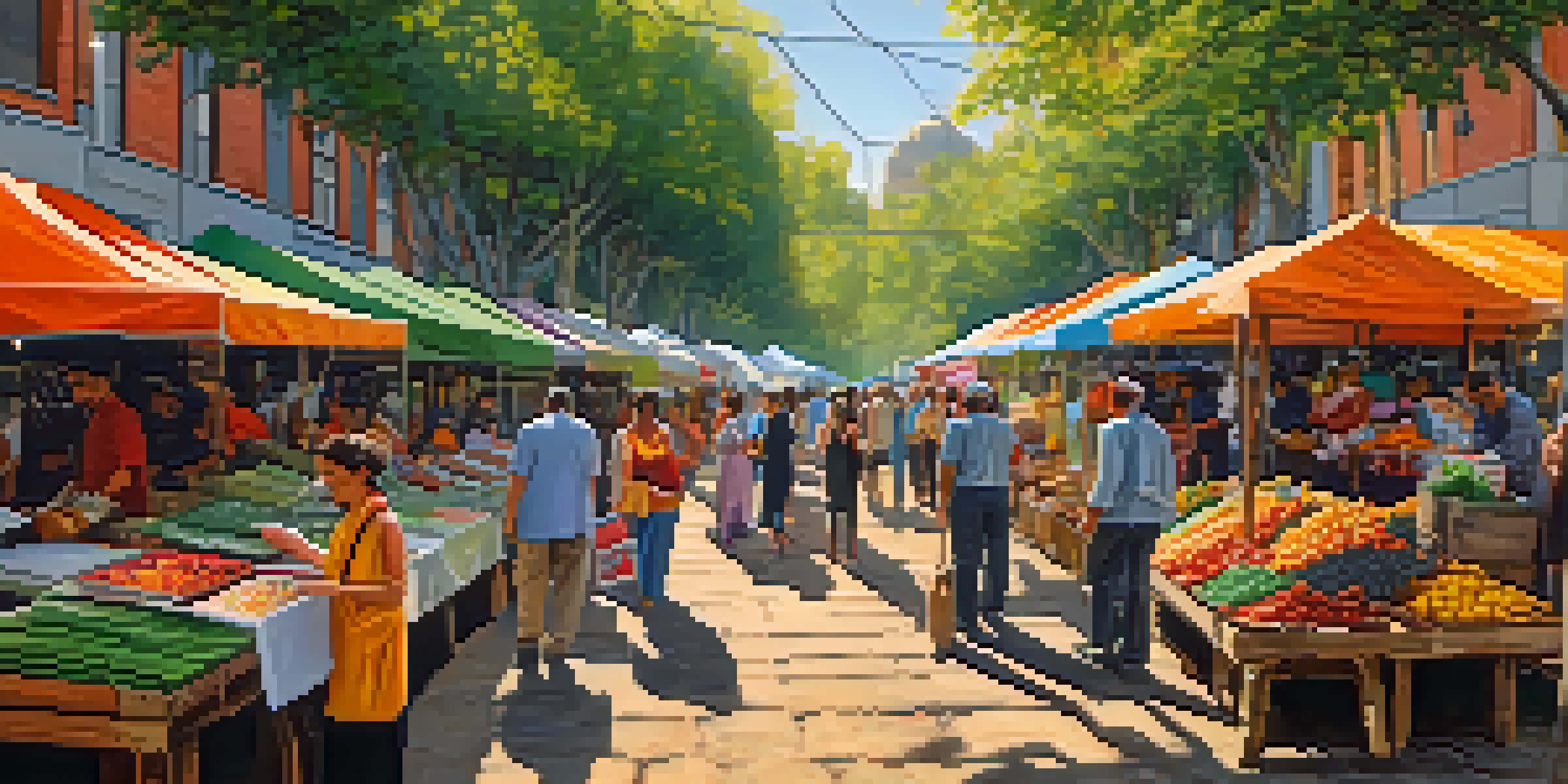 A lively street market filled with local artists displaying their colorful paintings, surrounded by engaged visitors and dappled sunlight filtering through trees.