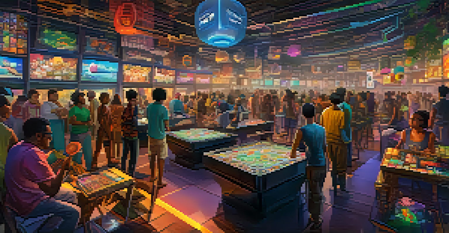 A decentralized gaming platform with diverse players trading unique digital assets, creating a lively atmosphere.