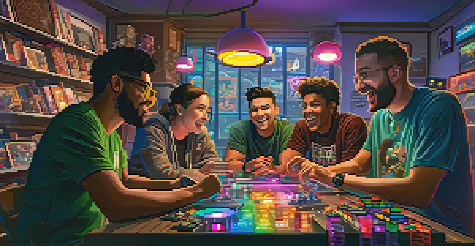 A diverse group of gamers engaging in a discussion about their NFT collections around a table.