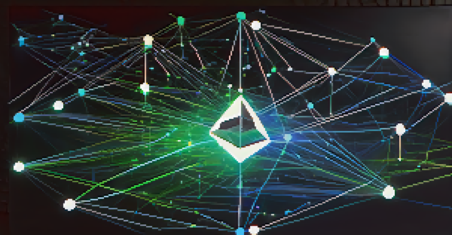 An artistic representation of the Ethereum blockchain with interconnected nodes and glowing lines representing data flow.