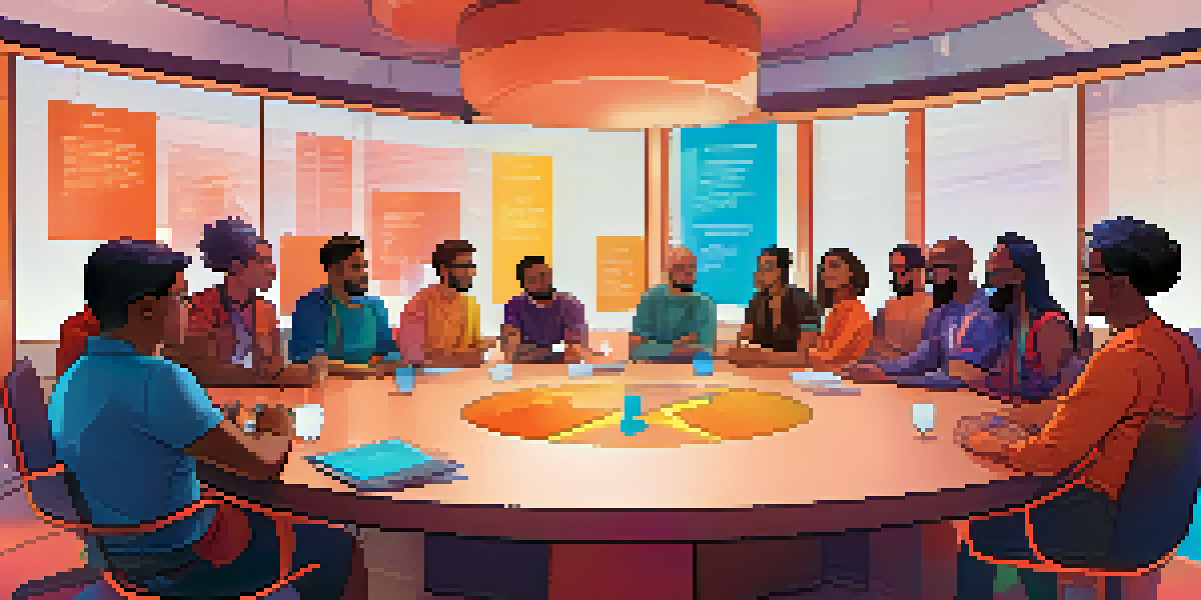 A diverse group of people discussing in a circular meeting, with digital screens displaying data in a warm, inviting environment.