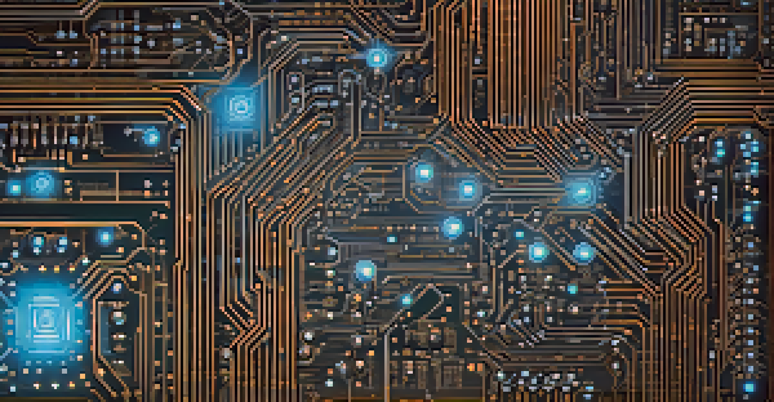 A close-up view of a digital circuit board with glowing blue components and intricate metallic pathways.