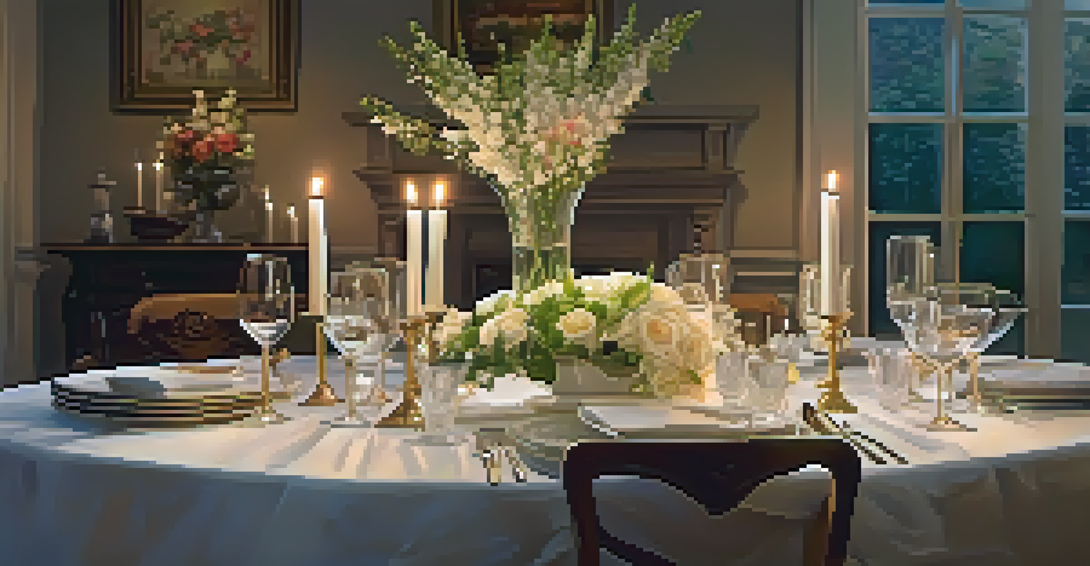 A beautifully set dinner table with candles, fresh flowers, and fine china.
