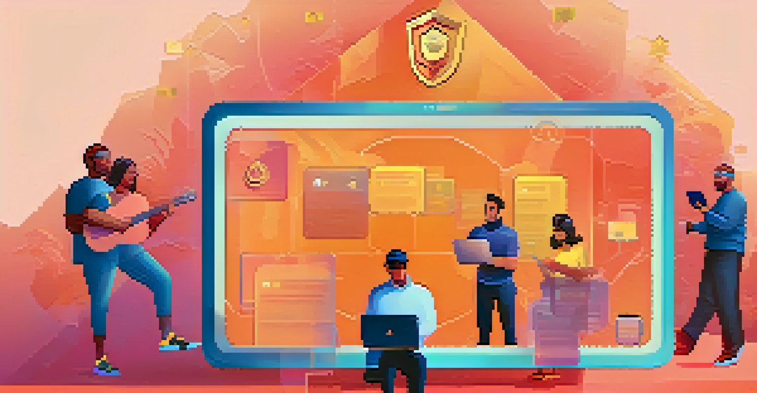 A digital shield protecting diverse individuals using DeFi platforms, set against a warm gradient background with faded icons of scams, symbolizing security and trust.