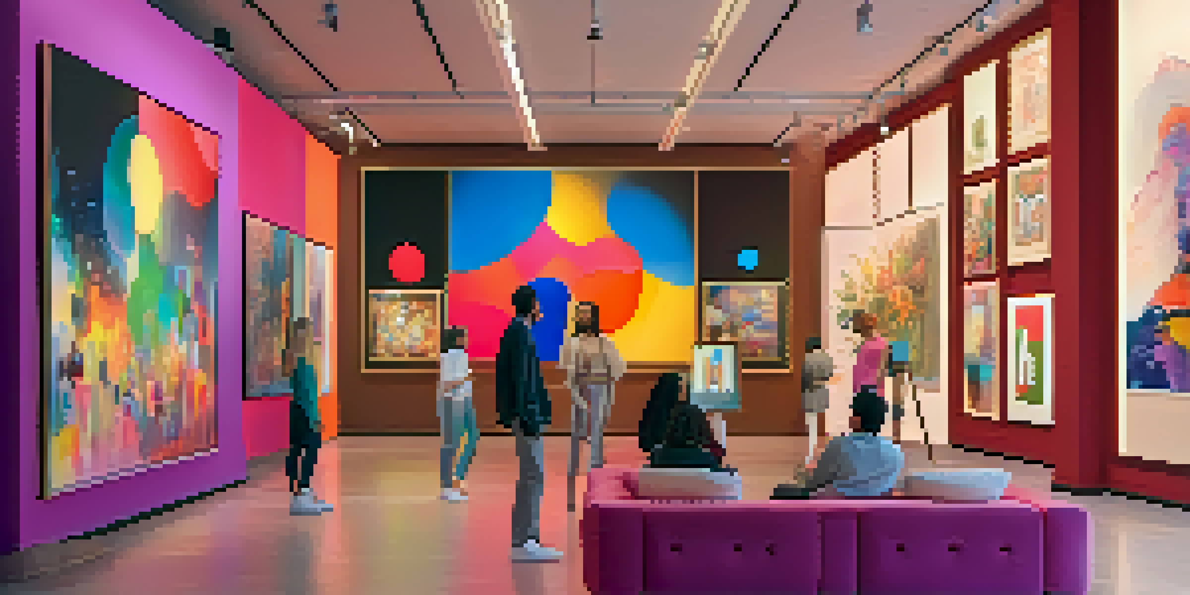 A digital art gallery with various unique NFTs displayed on virtual walls, featuring diverse collectors discussing the artworks.