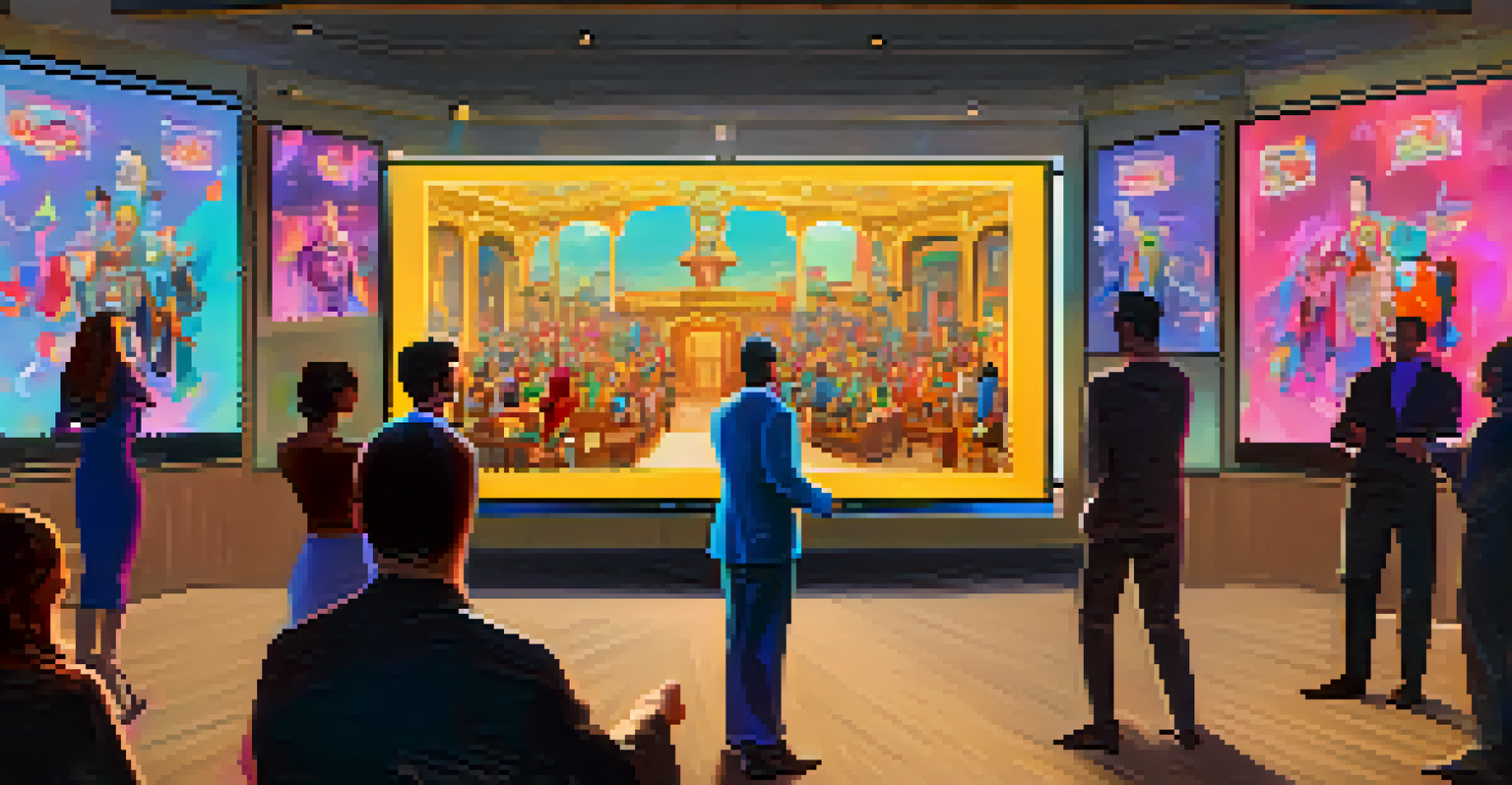 A virtual NFT auction scene with an auctioneer and enthusiastic bidders competing for digital artworks.