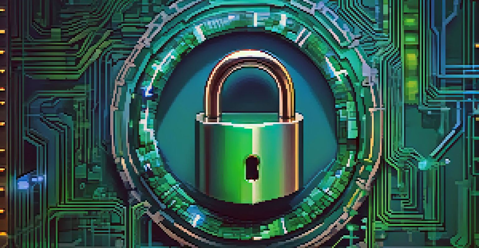 A digital lock and key surrounded by blockchain elements against a futuristic blue and green background.