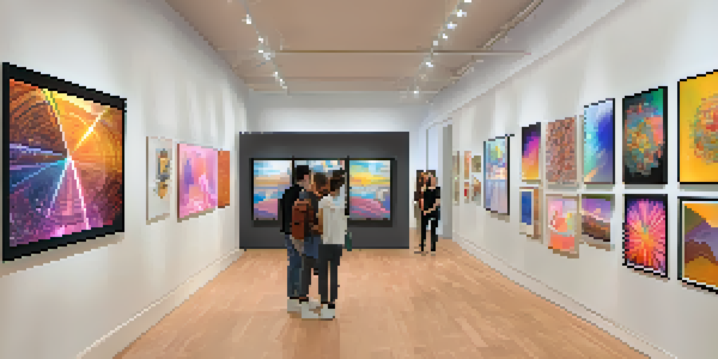 A digital art gallery filled with colorful NFT artworks displayed on the walls, with visitors engaging with touch screens in a warmly lit environment.