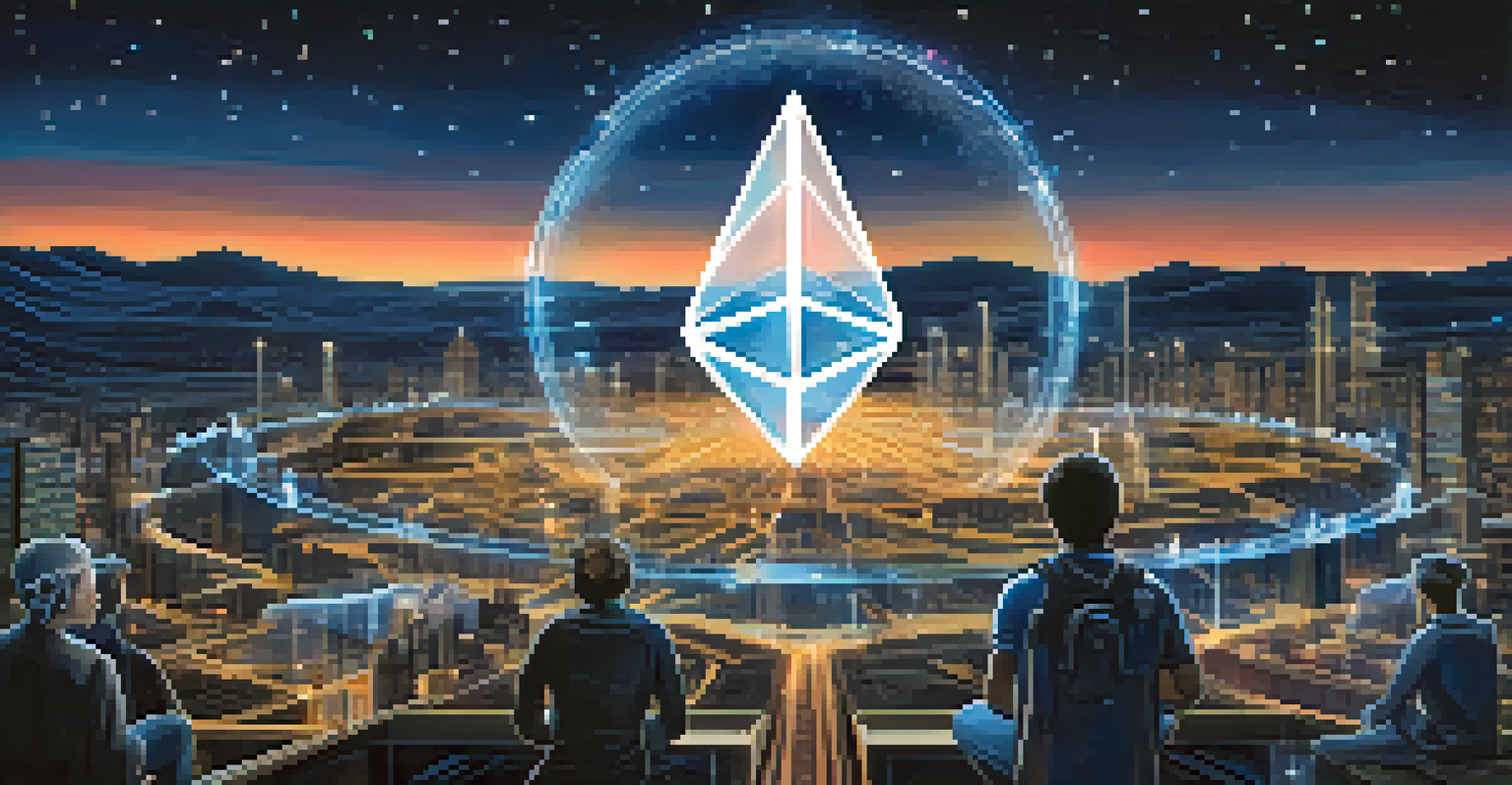 A futuristic digital representation of Ethereum governance with interconnected nodes and users making decisions in a starry environment.