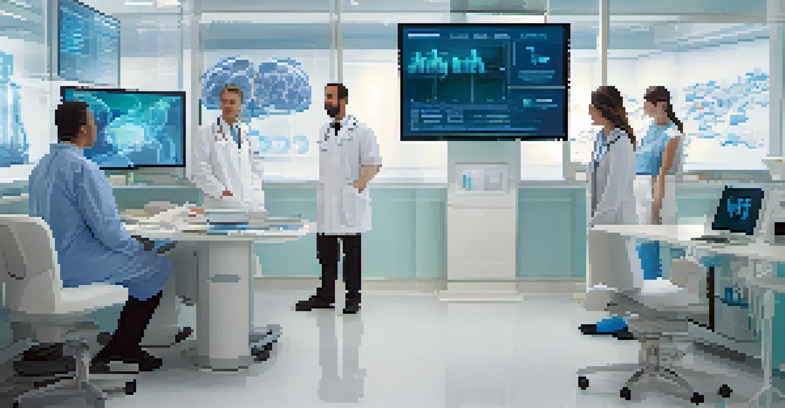A modern healthcare room with medical professionals analyzing patient data on a digital screen, conveying innovation and care.