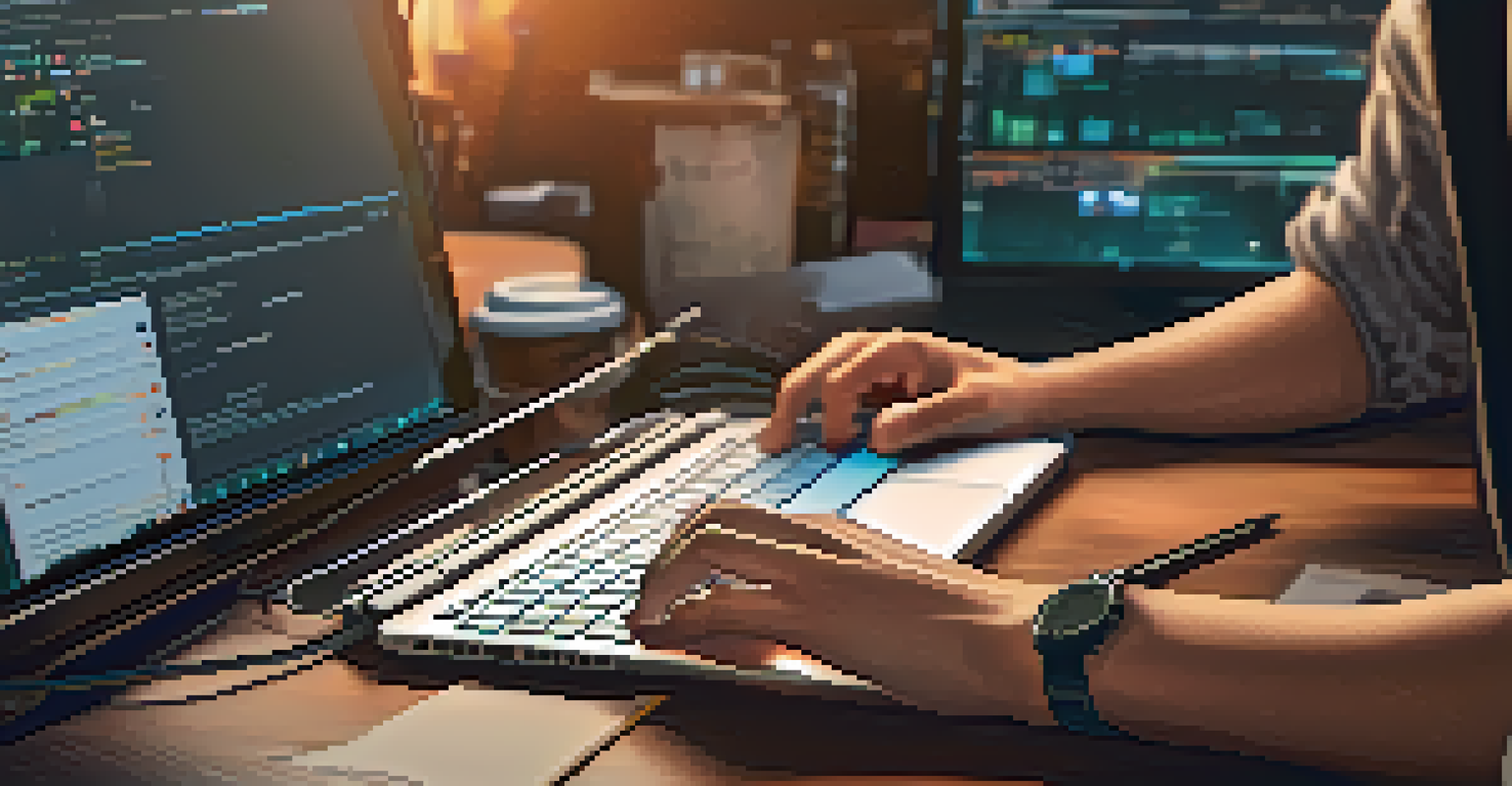 A close-up view of a developer's hands on a laptop, showing a colorful dApp interface, surrounded by tech gadgets and coffee cups in a cozy workspace.