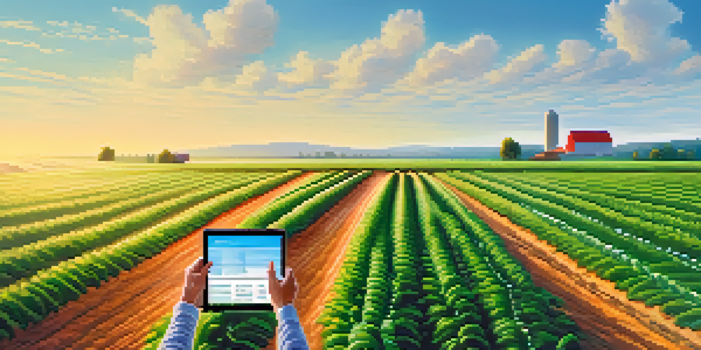 A farmer in a field checking organic produce with a tablet showing blockchain details, surrounded by green crops and a clear sky.