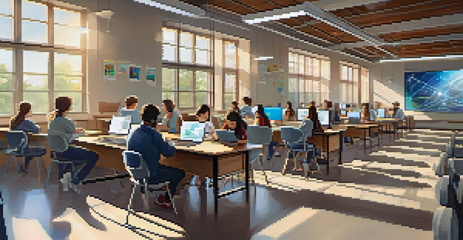Students participating in online learning in a bright room, with blockchain elements visible in the background.