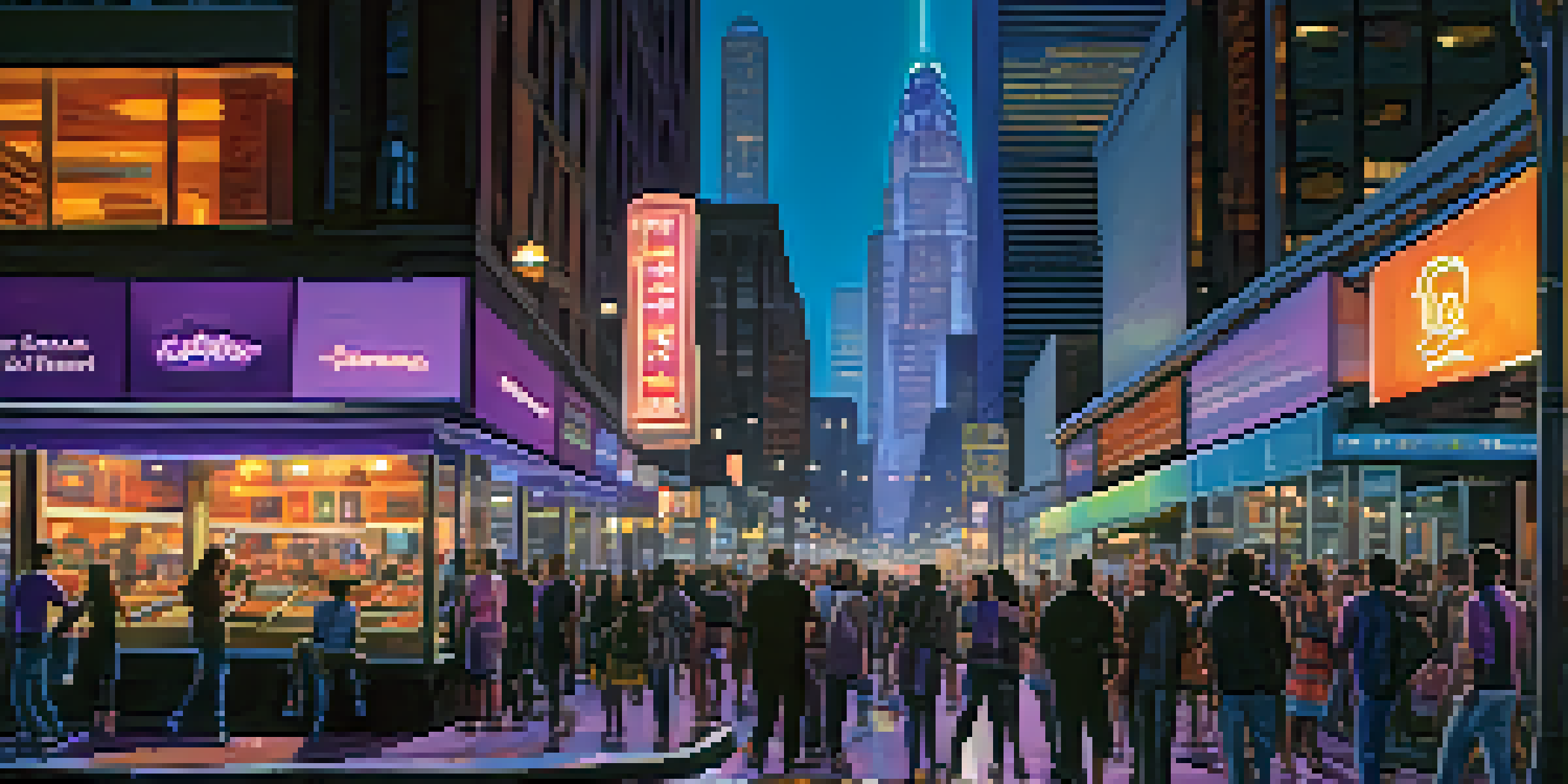 A lively city street at dusk filled with people and illuminated skyscrapers.