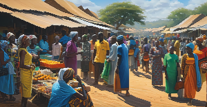 A bustling marketplace in rural Africa with people using mobile devices for financial transactions amidst colorful stalls.
