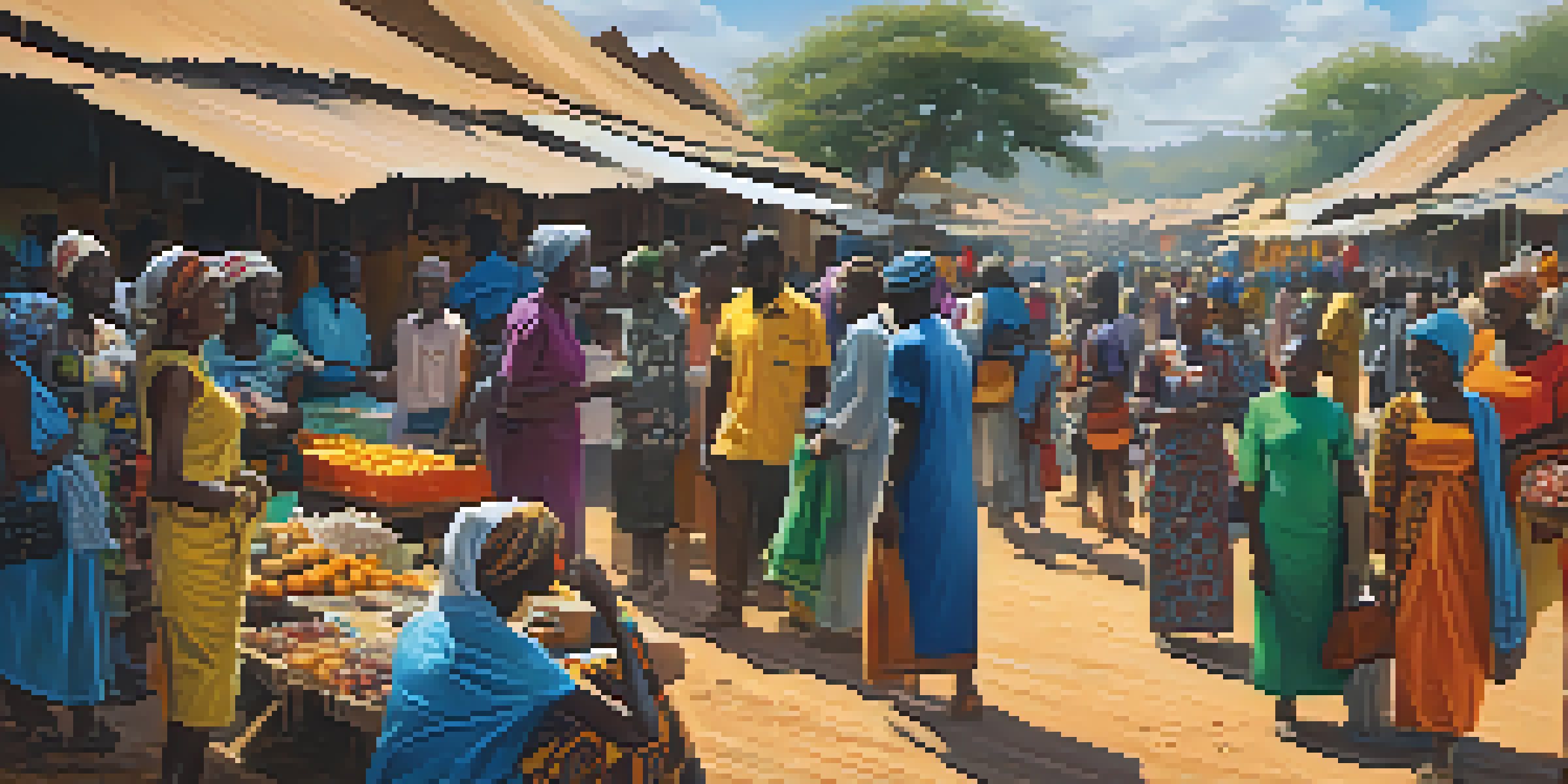 A bustling marketplace in rural Africa with people using mobile devices for financial transactions amidst colorful stalls.