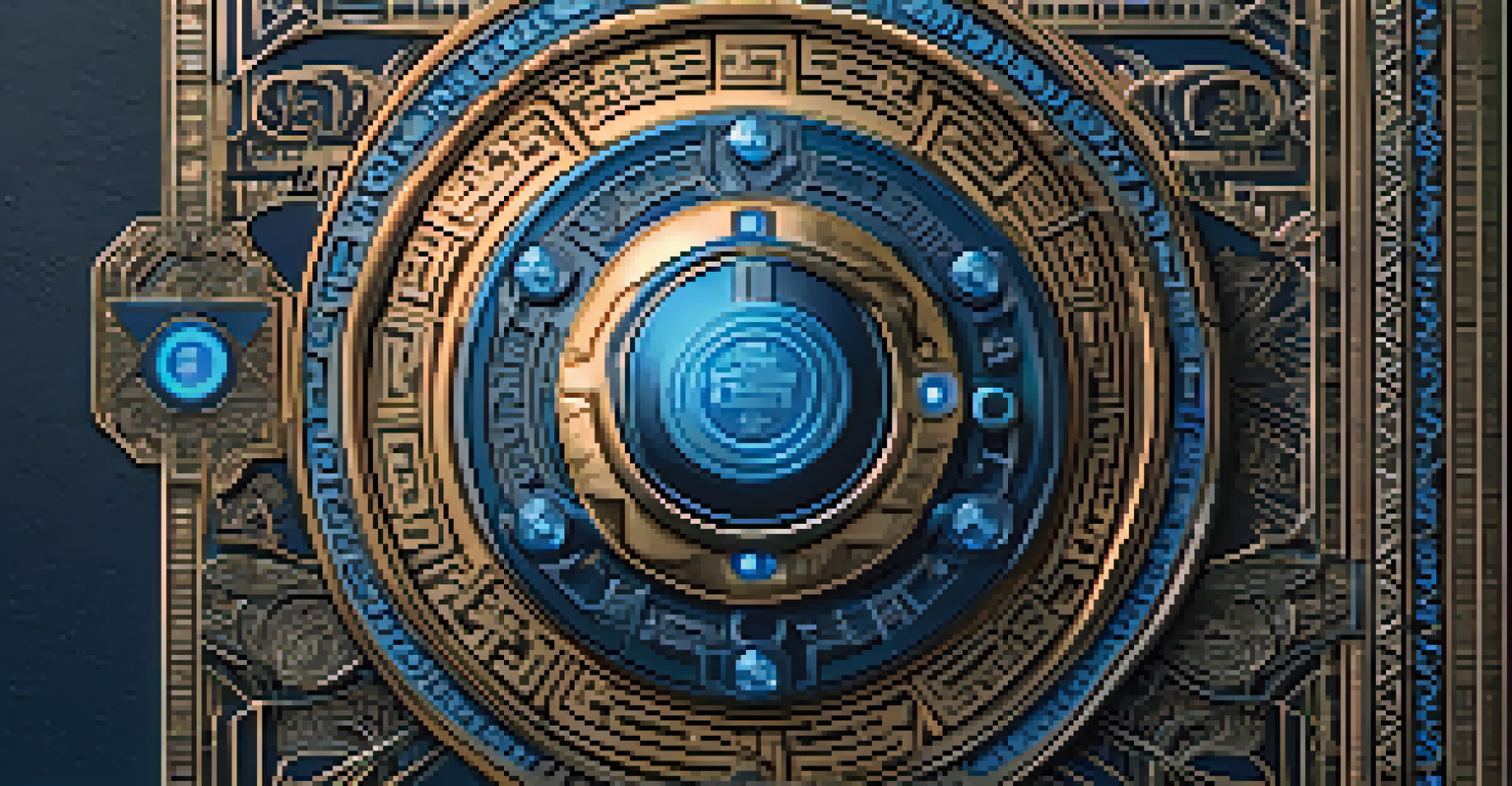 A detailed close-up of a digital token featuring security designs such as locks and shields, illuminated by soft blue light.
