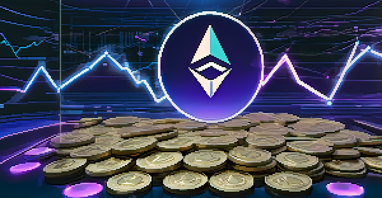 A digital wallet filled with Ethereum coins, surrounded by growth charts and graphs, set against a deep blue and purple background.