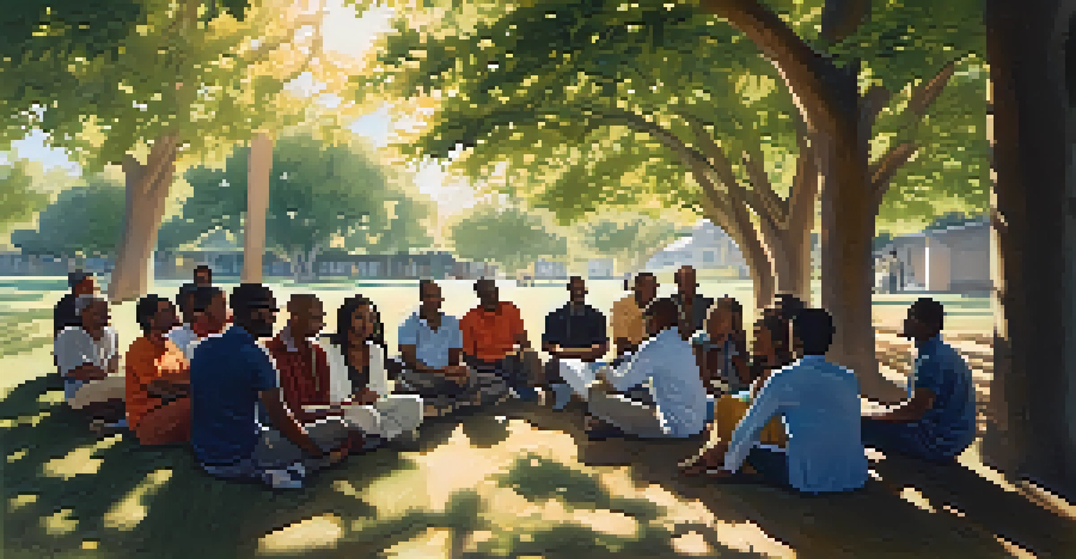 A diverse group of people holding a community meeting outdoors under a tree, emphasizing collaboration and governance.
