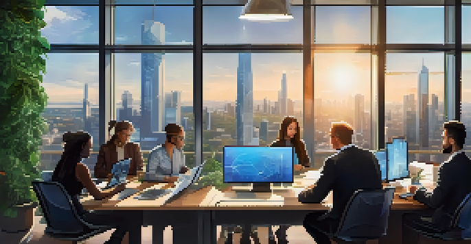 A diverse group of professionals collaborating in a bright, modern workspace with digital technology and a city skyline view.