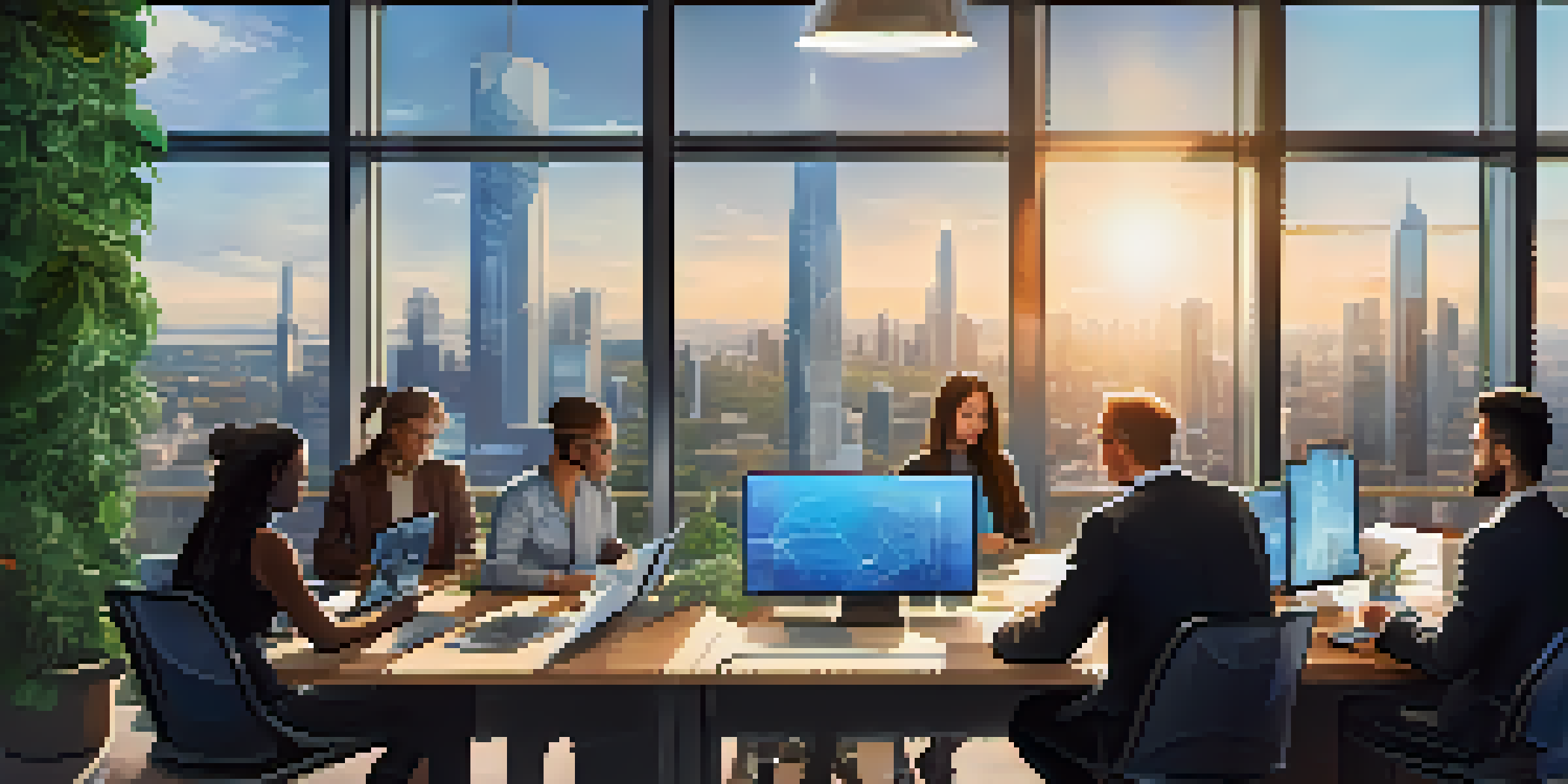 A diverse group of professionals collaborating in a bright, modern workspace with digital technology and a city skyline view.