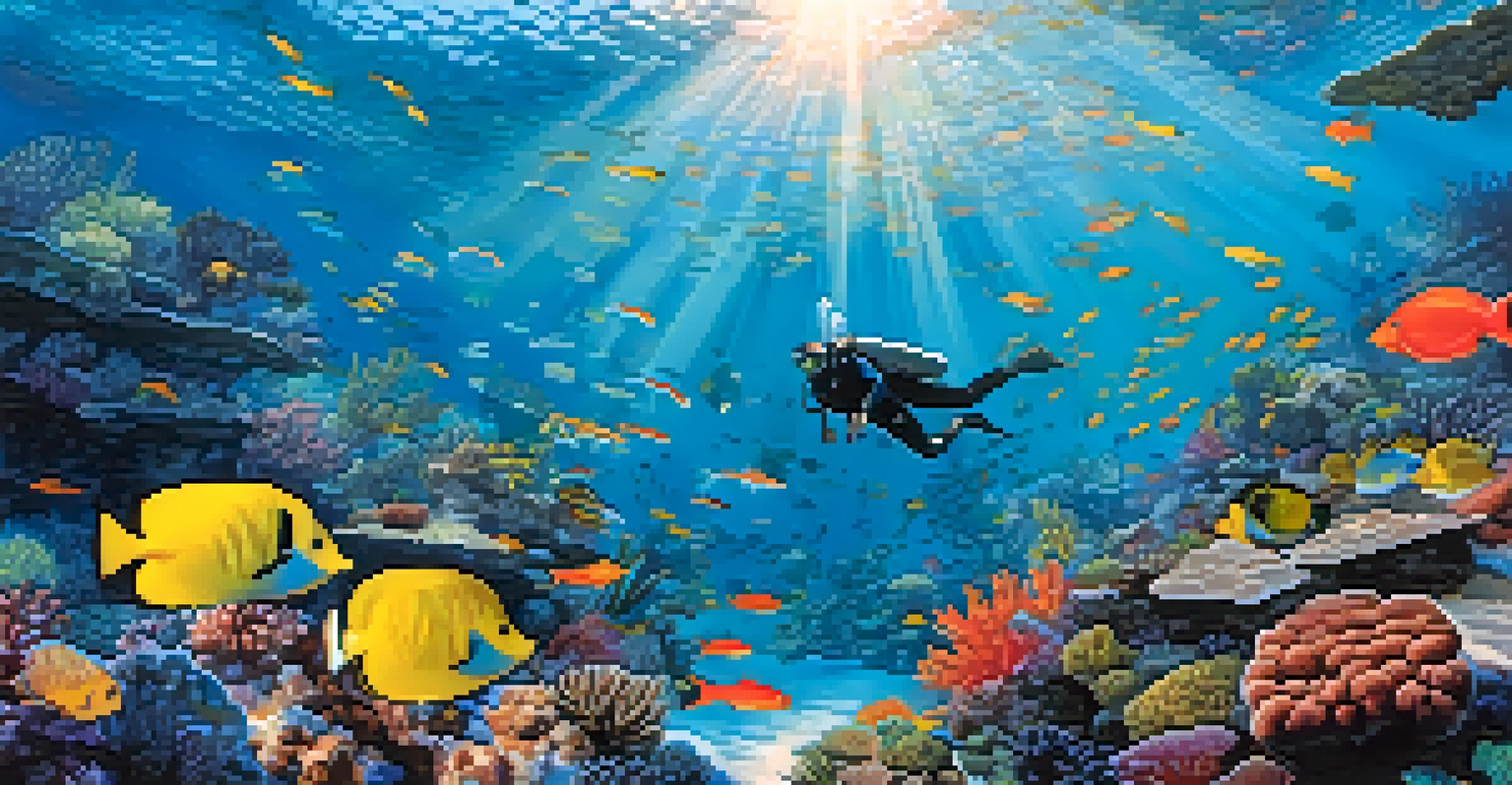 A colorful underwater scene of a coral reef with various fish, sunlight filtering through the water, and a diver exploring the area.