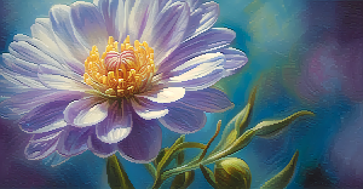 A detailed close-up of a blue and purple flower with soft sunlight illuminating its petals.