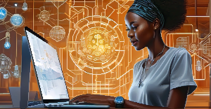 A young African woman smiling while using a laptop with blockchain graphics, surrounded by innovation symbols.