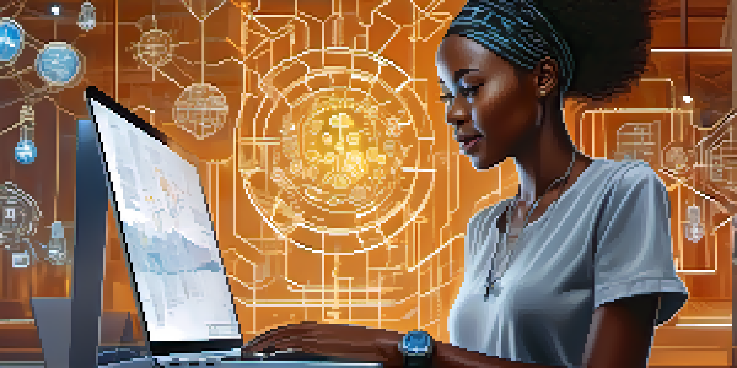 A young African woman smiling while using a laptop with blockchain graphics, surrounded by innovation symbols.