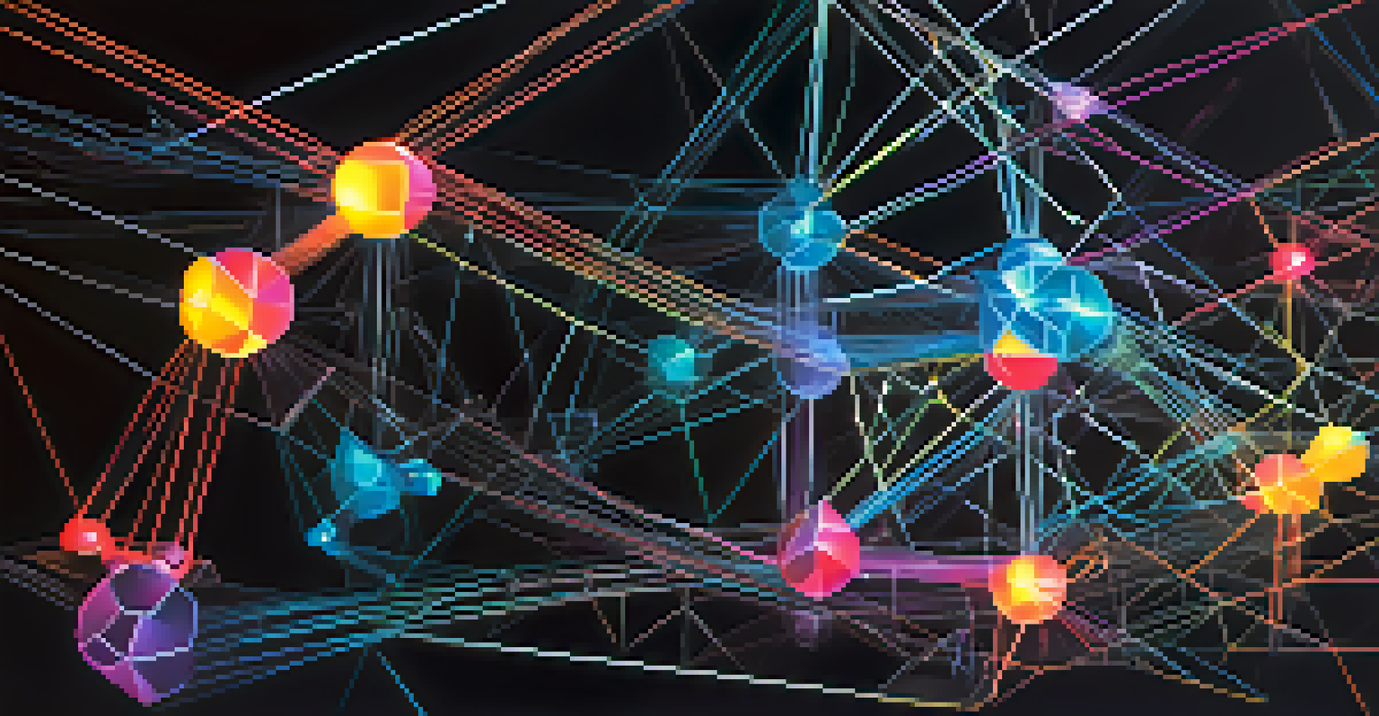 An abstract image of interconnected blockchain nodes in bright colors on a dark background, symbolizing privacy and transparency.