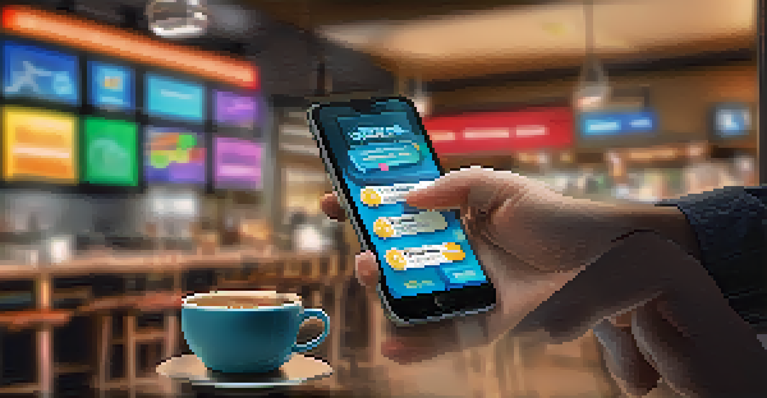 A close-up of hands using a smartphone with a gamified financial literacy app, set in a cozy café environment.