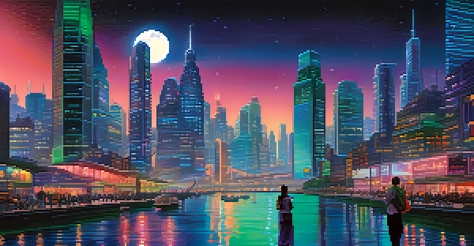 A vibrant nighttime cityscape filled with neon lights, reflecting skyscrapers, and a busy street with people and holographic devices.