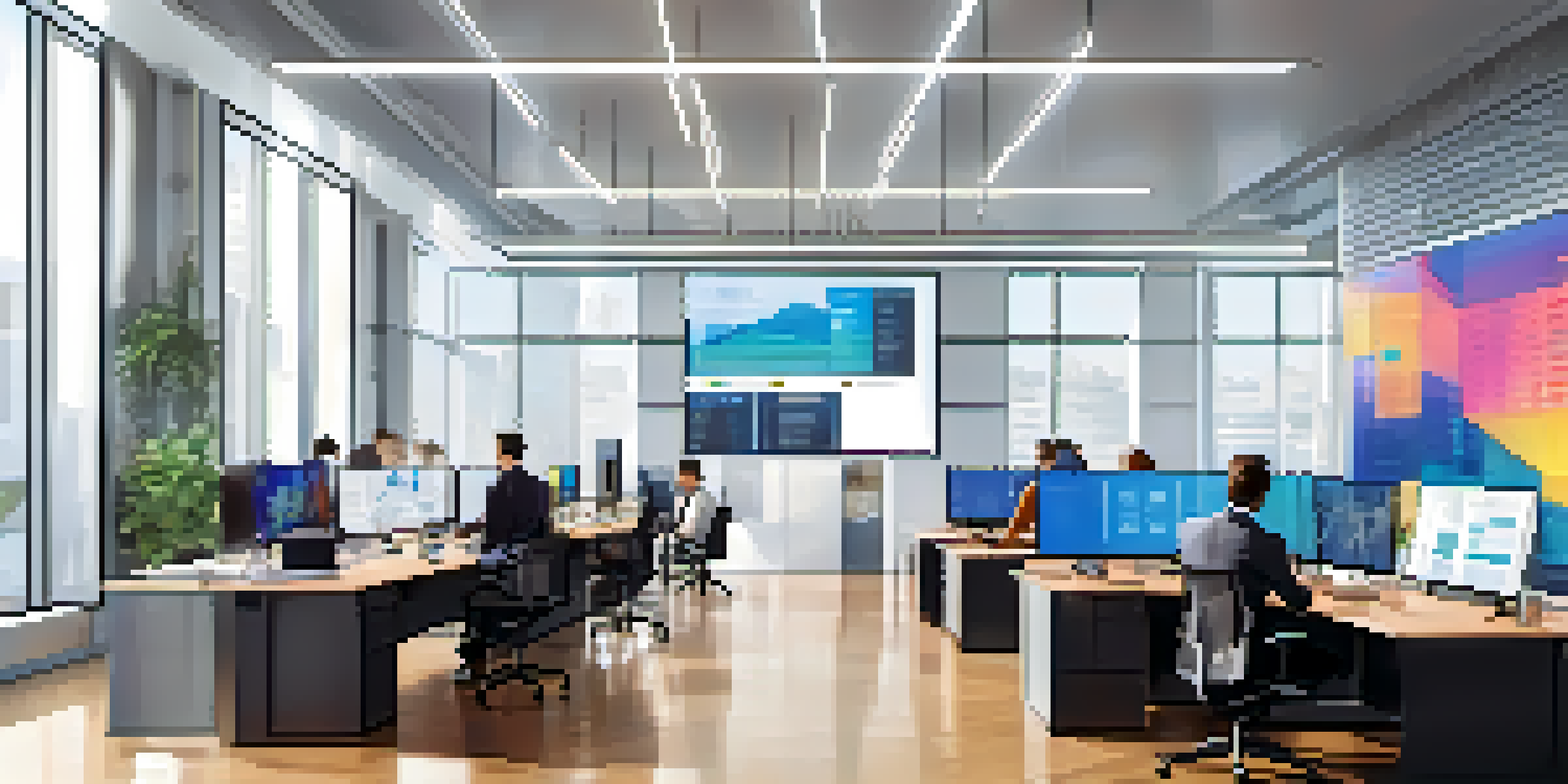 A diverse team of professionals working together in a bright office, examining a large screen displaying a blockchain dashboard.