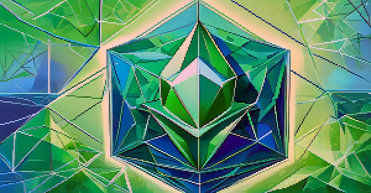 An abstract artwork depicting Ethereum 2.0's proof-of-stake mechanism with interconnected geometric shapes and shimmering particles in a blue-green gradient background.